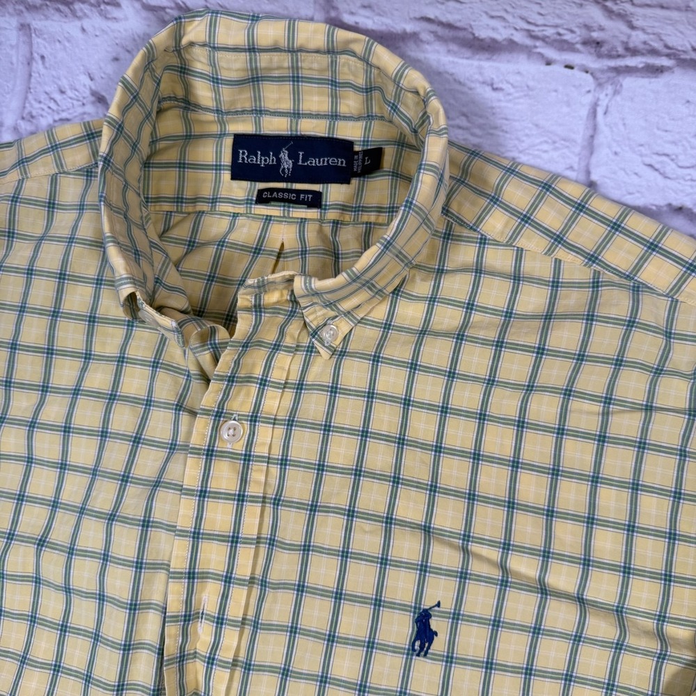 Ralph Lauren Shirt Mens Large Classic Fit Yellow Check Button Down Long Sleeve